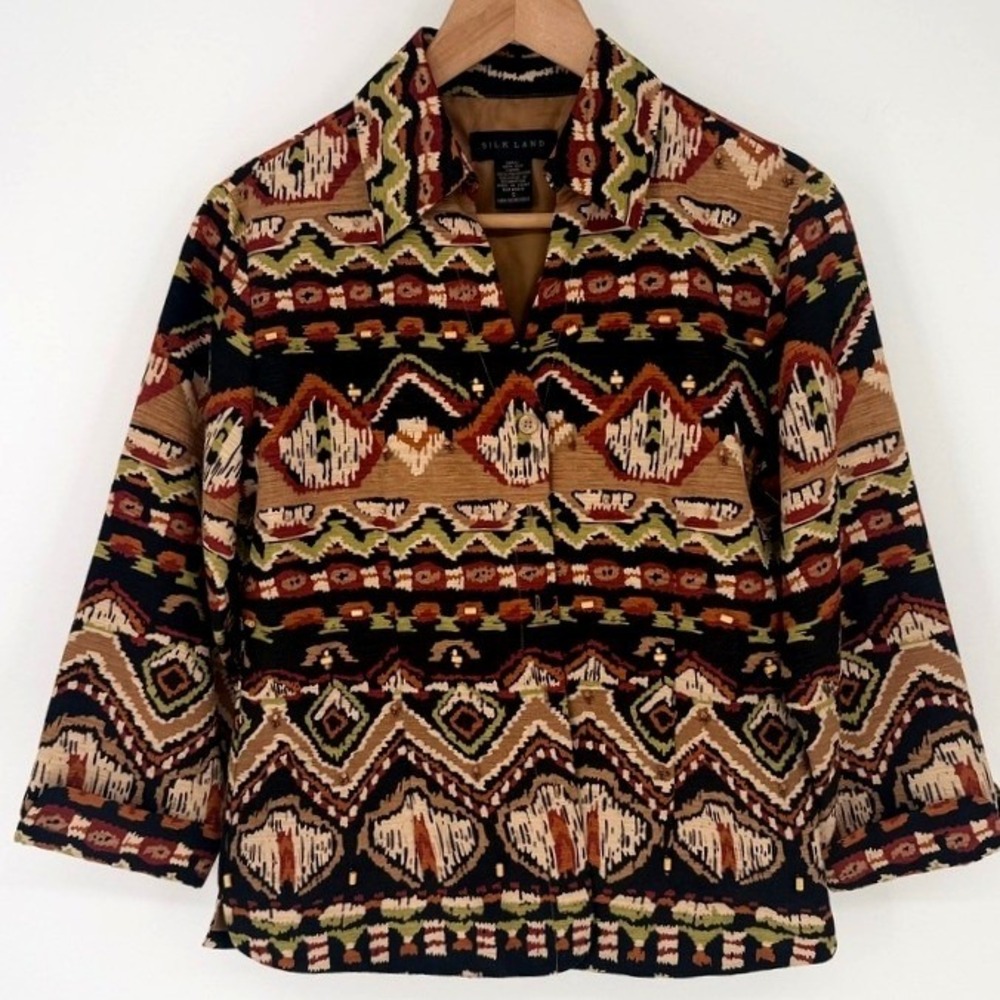 Vintage Silk Land Womens Small 100% Silk Southwestern Ikat Beaded‎ Jacket Multi